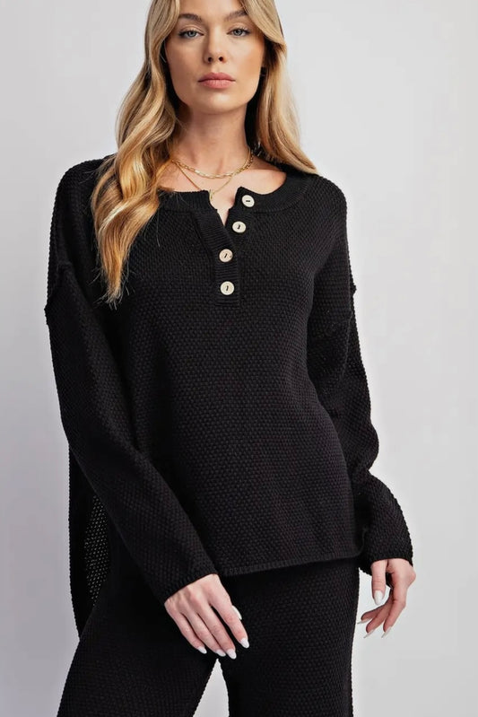 Waffle Henley Pullover in Black